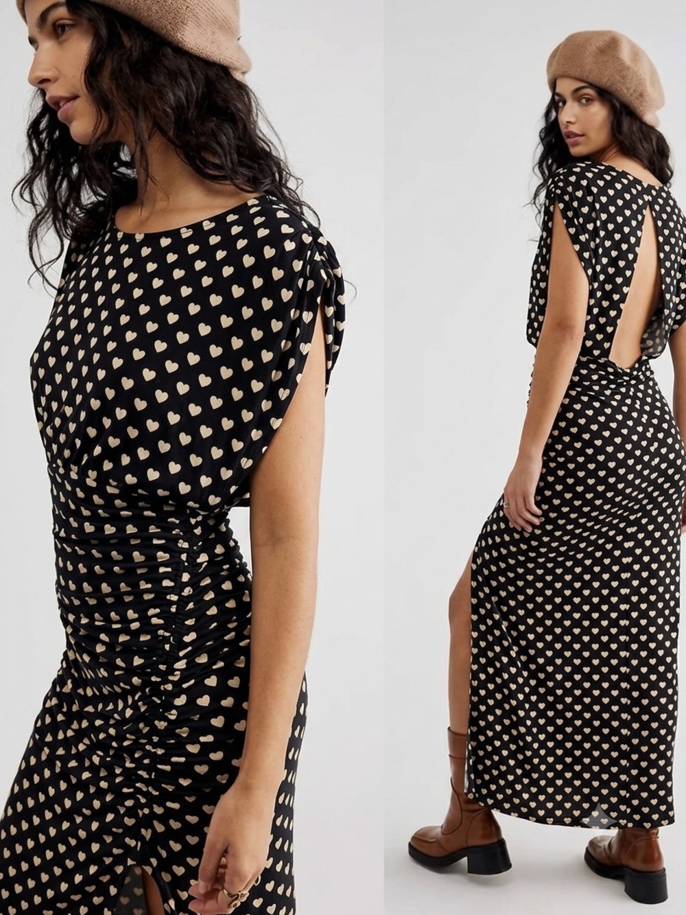 NWT Free People Heart Print Maxi Dress Black Cream Size L Cutout Side Slit